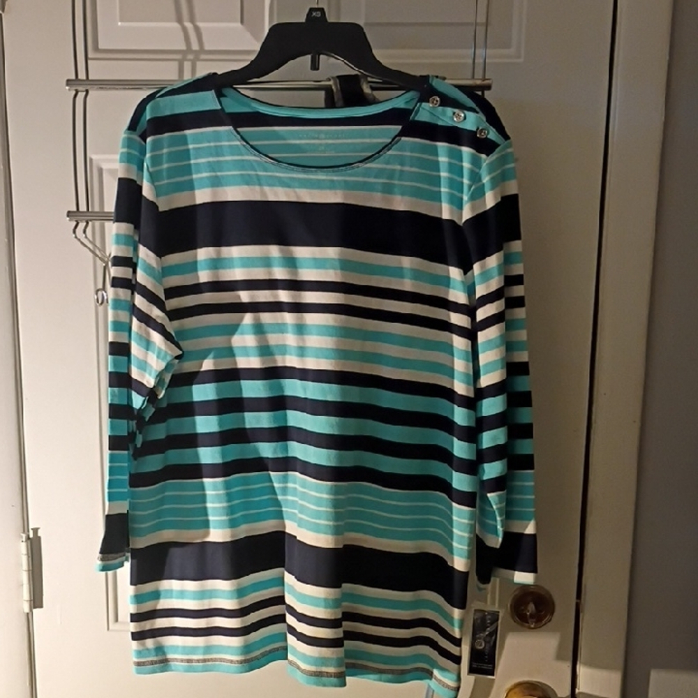Karen Scott Long Sleeve Striped Top - Teal and Navy